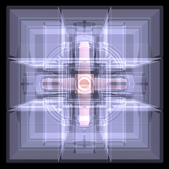 Several cubes connected by one core. X-ray render isolated on black background