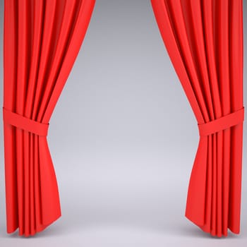 Open the red curtain. Behind the curtain of gray studio background