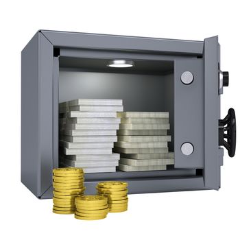Wads of money and coins in a safe. Isolated render on a white background
