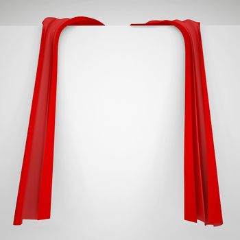 Red cloth on a white wall. Fabric with folds and bends