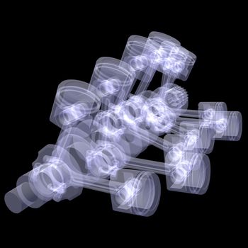 Crankshaft and pistons. X-ray render isolated on black background