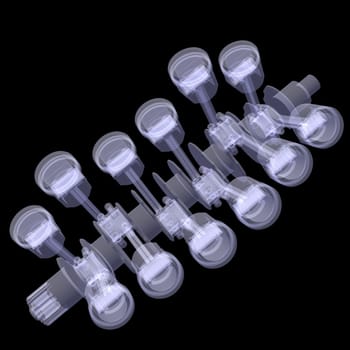 Crankshaft and pistons. X-ray render isolated on black background