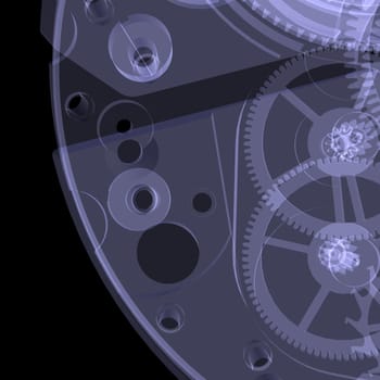 Clock mechanism. Isolated X-ray render on a black background