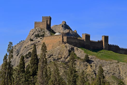 Genoese fortress above the trees in spring