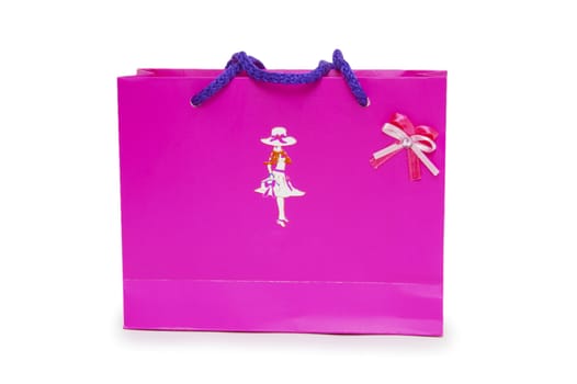 Single pink gift box on white background. 