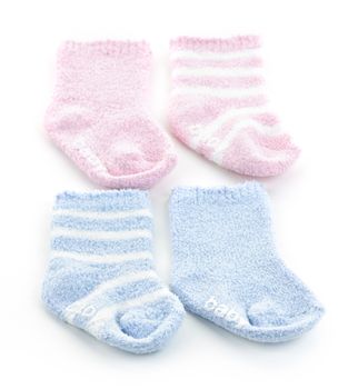 Arrangement of two pairs of infant socks for baby shower