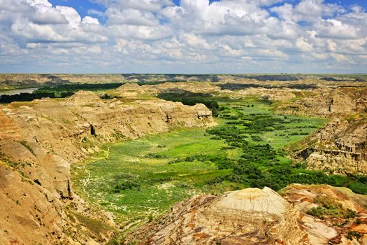 View of Red Deer river valley in Badlands in Dinosaur provincial park, Alberta, Canada