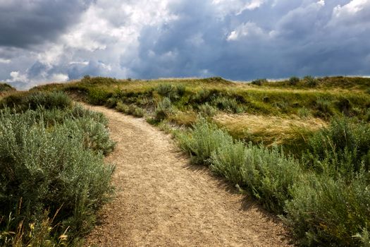 Walking trail in Badlands with dramatic sky in Dinosaur provincial park, Alberta, Canada