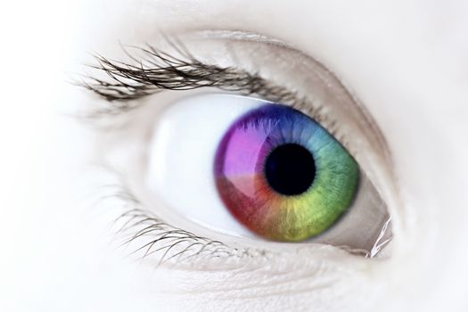 Female eye with rainbow multicolored iris close up