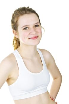 Pretty fit young woman ready for workout on white background