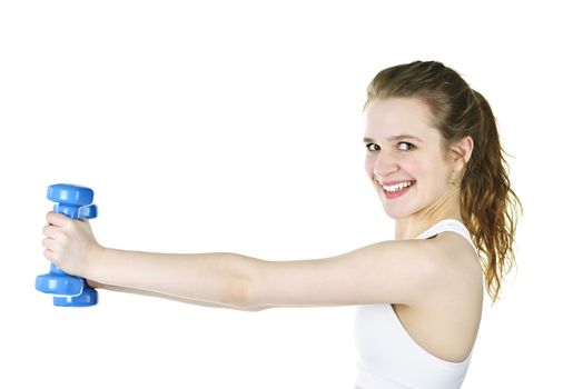 Happy healthy fit young woman lifting weights for fitness exercise