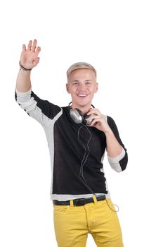 Man with headphones raising his hand up, isolated