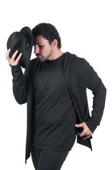 Man in black dancing with hat, isolated on white