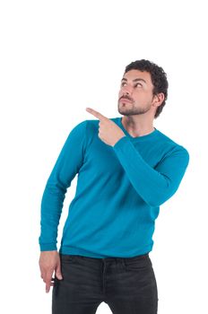 Guy in blue pointing to somewhere, isolated on white