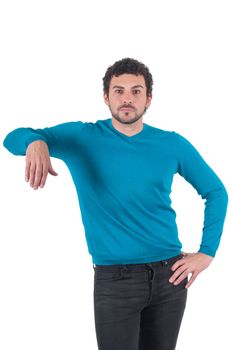 Guy in blue t-shirt leaning on an invisible object