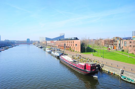 Aerial view of Zeeburg - modern luxury district of Amsterdam, Netherlands