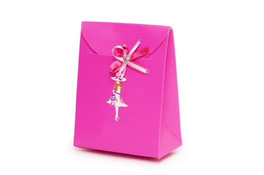 Single pink gift box on white background. 