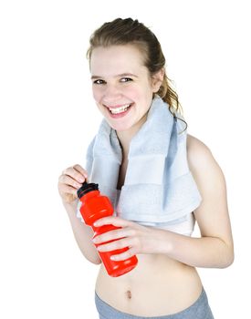 Happy fit young woman ready for workout with towel isolated on white