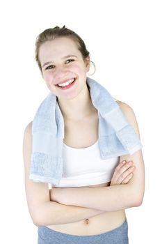 Happy fit young woman after workout on white background