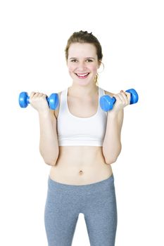 Happy fit young woman working out with weights on white background