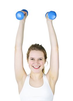 Happy healthy fit young woman lifting weights for fitness exercise