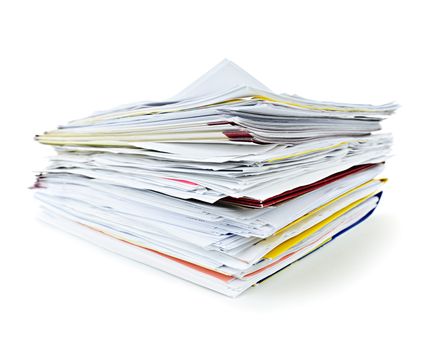 Stack of file folders with papers on white background