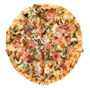 Freshly Baked Pizza with Edible Mushrooms, Bacon, Cheese and Spinach Sauce isolated on white background. Top View