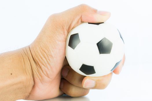 Hand hold sport balls, football isolated on white background