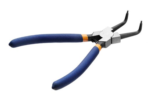 steel pliers with blue rubber insulation over white