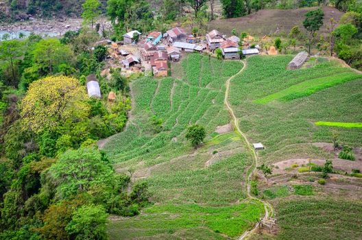 Farmers' village and fields, Nepal, Himalayas