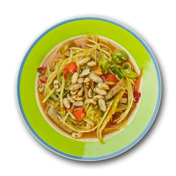 Papaya salad, Thai food, place on plate on white background