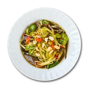 Papaya salad, Thai food, place on plate on white background