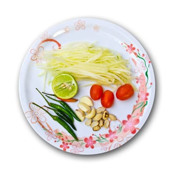 Papaya salad, Thai food, place on plate on white background