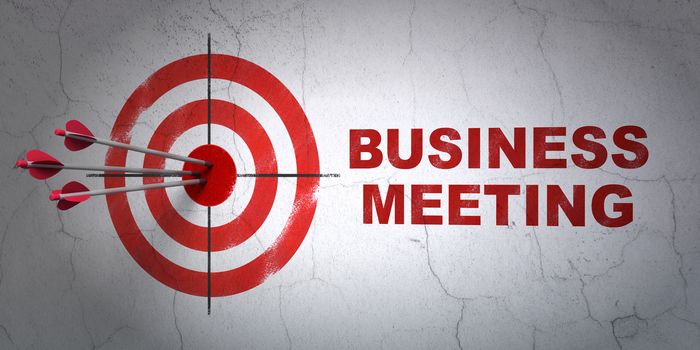 Success finance concept: arrows hitting the center of target, Red Business Meeting on wall background, 3d render