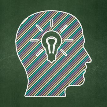 Education concept: Head With Light Bulb icon on Green chalkboard background, 3d render