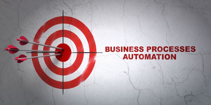 Success business concept: arrows hitting the center of target, Red Business Processes Automation on wall background, 3d render