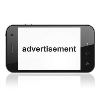 Advertising concept: smartphone with text Advertisement on display. Mobile smart phone on White background, cell phone 3d render