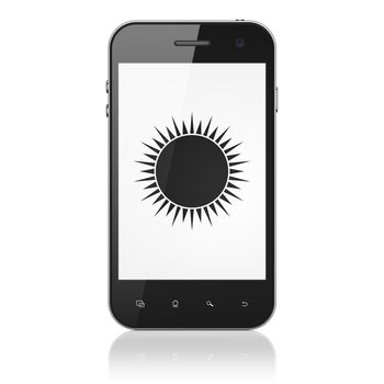 Vacation concept: smartphone with Sun icon on display. Mobile smart phone on White background, cell phone 3d render