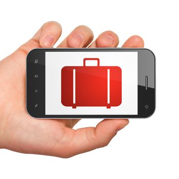 Tourism concept: hand holding smartphone with Bag on display. Mobile smart phone on White background, 3d render