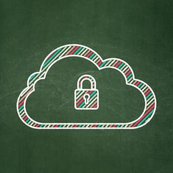 Cloud computing concept: Cloud With Padlock icon on Green chalkboard background, 3d render