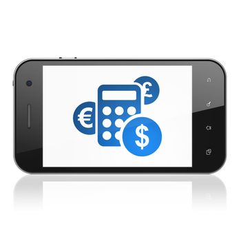 Business concept: smartphone with Calculator icon on display. Mobile smart phone on White background, cell phone 3d render