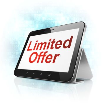 Business concept: black tablet pc computer with text Limited Offer on display. Modern portable touch pad on Blue Digital background, 3d render