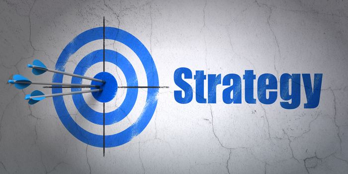 Success finance concept: arrows hitting the center of target, Blue Strategy on wall background, 3d render