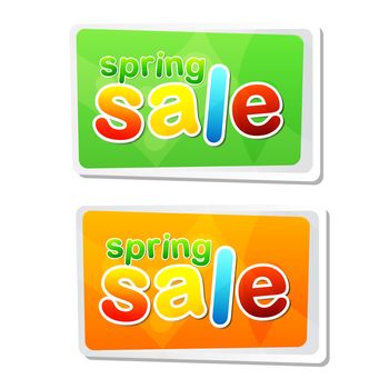 spring sale banners - text in two flat design labels, business shopping seasonal concept