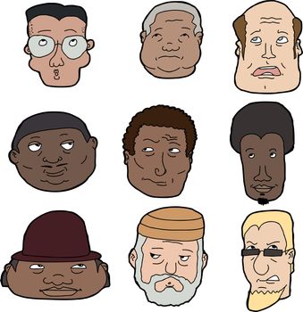 Set of diverse men looking up over white background