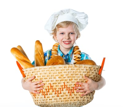 Little Cook With A Backet With Bread. Isolated on white background.