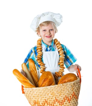 Little Cook With A Backet With Bread. Isolated on white background.