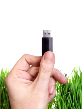 USB Drive in a Hand on the Grass Background Close-up