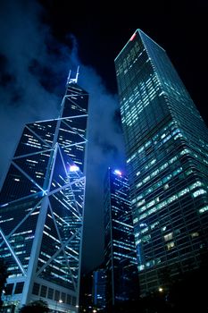 Hong Kong at night, view from below.