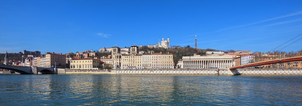 Panoramic view of Lyon city with blue sky, France